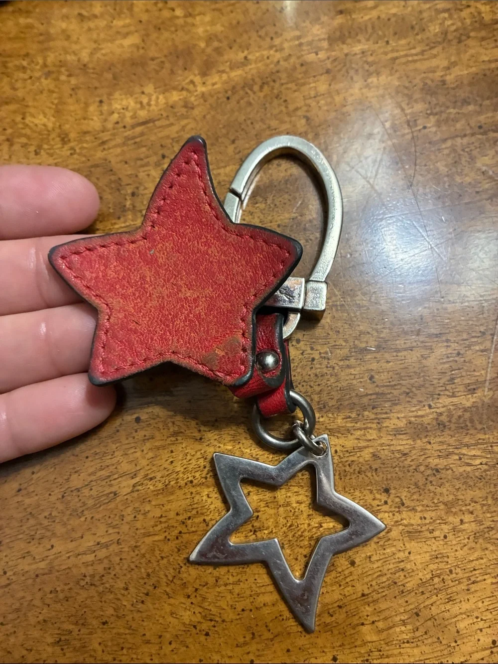 Longchamp Red Star Leather Key Fob with Metal Detail